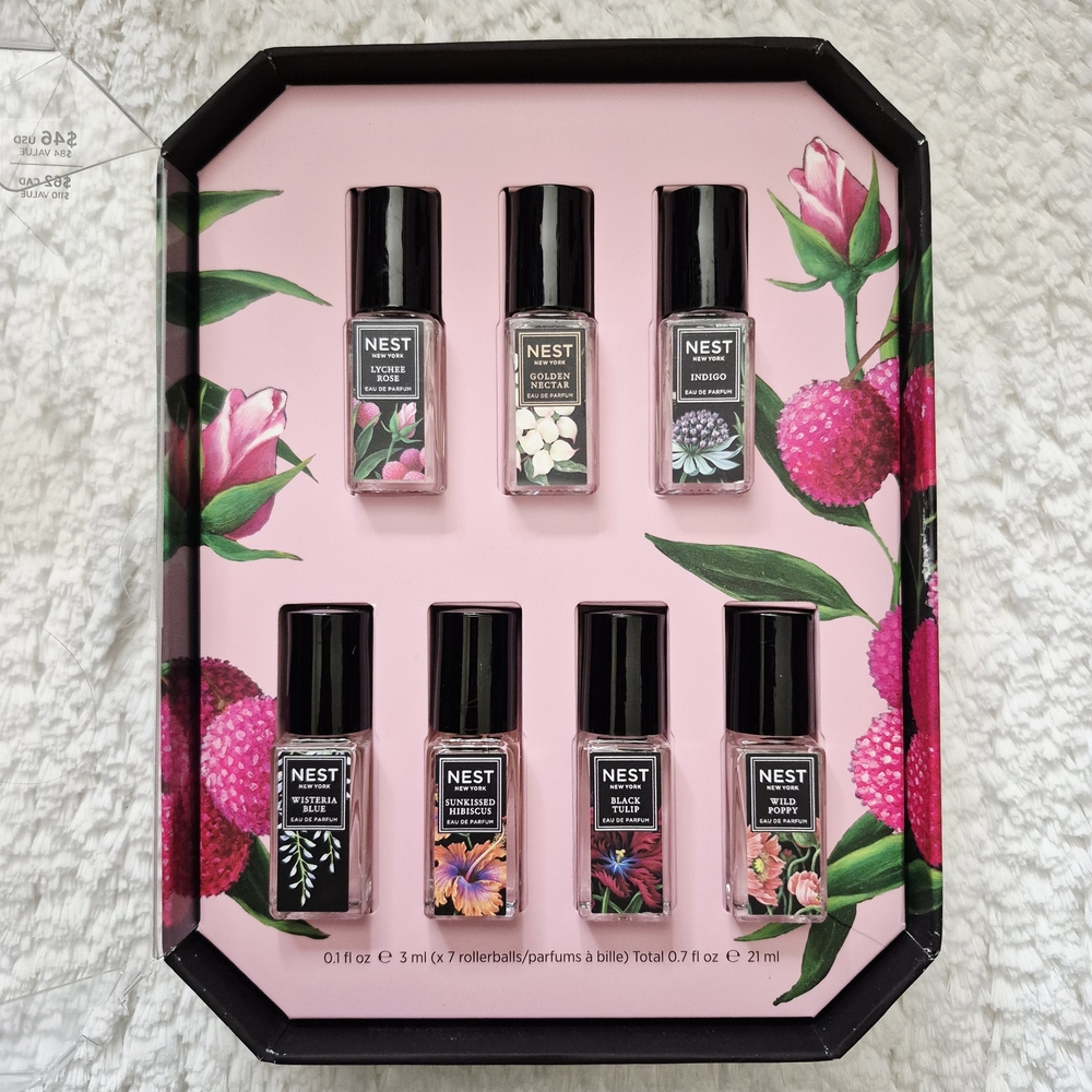 NEST Fragrances Rollerball Set — Pink & Black Floral Packaging